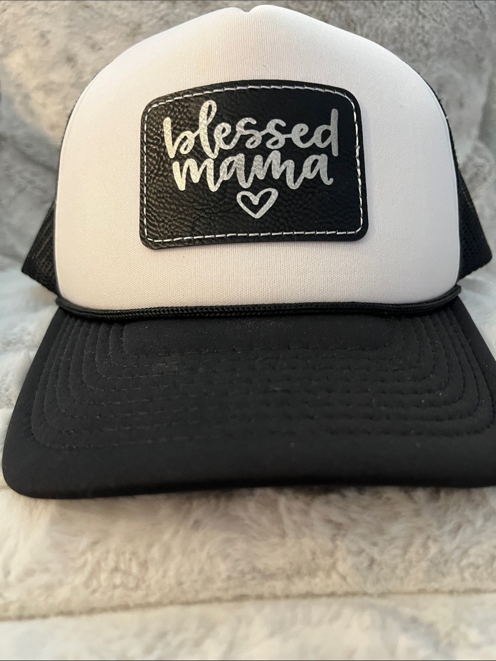 Blessed Mama Black & White Mesh Trucker Hat